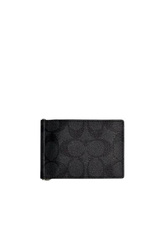 Coach Slim Money Clip Billfold Wallet CH086 With Signature Canvas In Charcoal Black