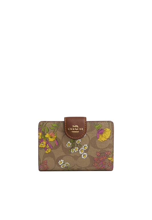 Coach Medium Corner Zip Wallet With Floral Print In Khaki Multi CR935