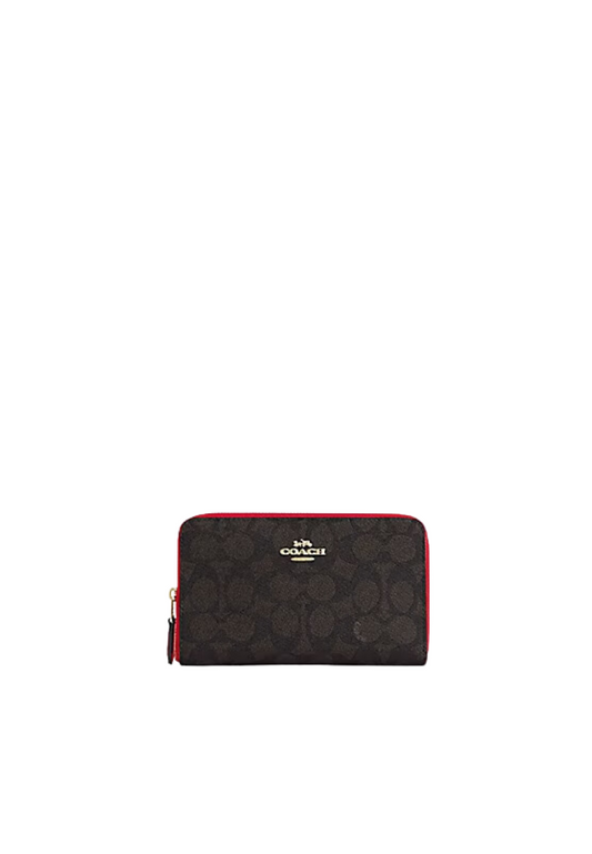 Coach Medium ID Zip Wallet Signature In Walnut Bold Red CW781