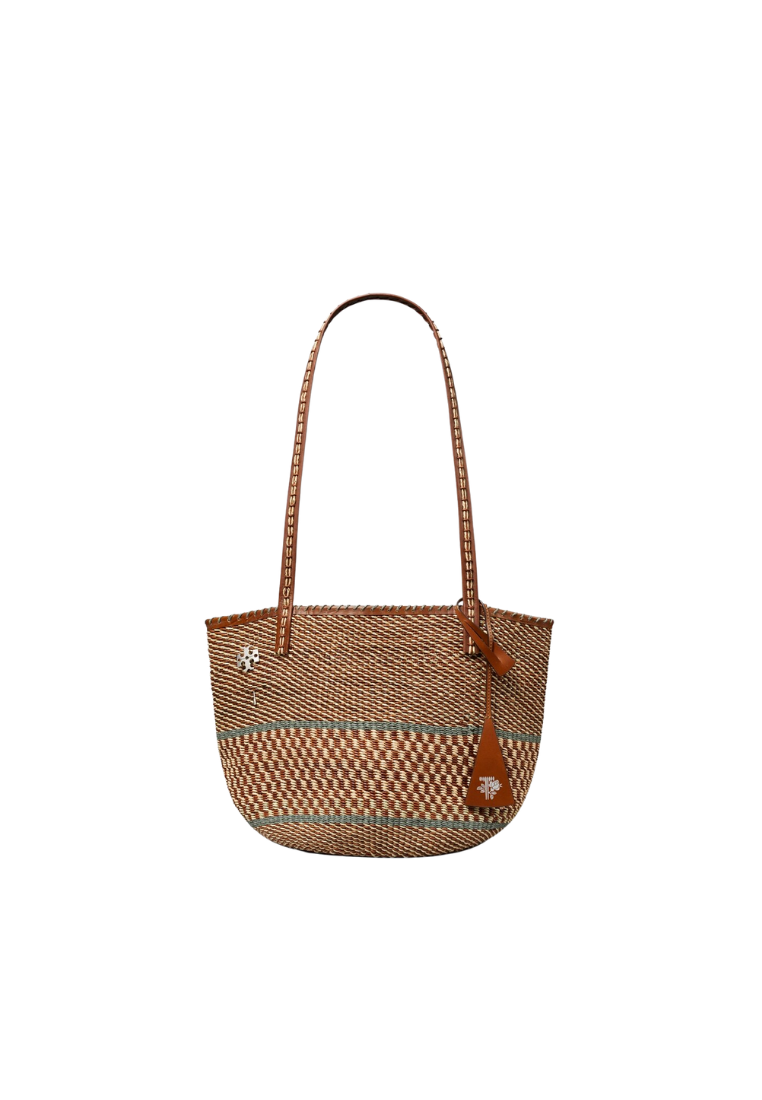 ( PREORDER ) Tory Burch Large Handwoven Basket Tote Bag In Cognac Multi 190141