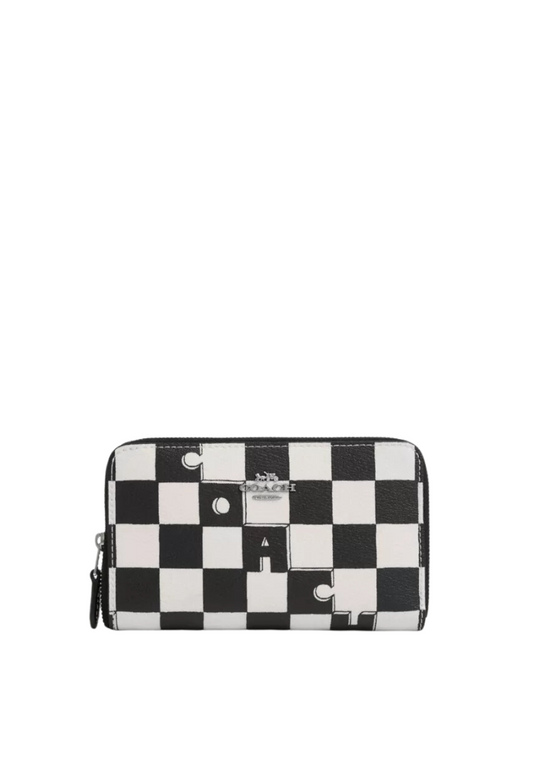 Coach Medium Id Zip Wallet With Checkerboard Print In Black Chalk CR789