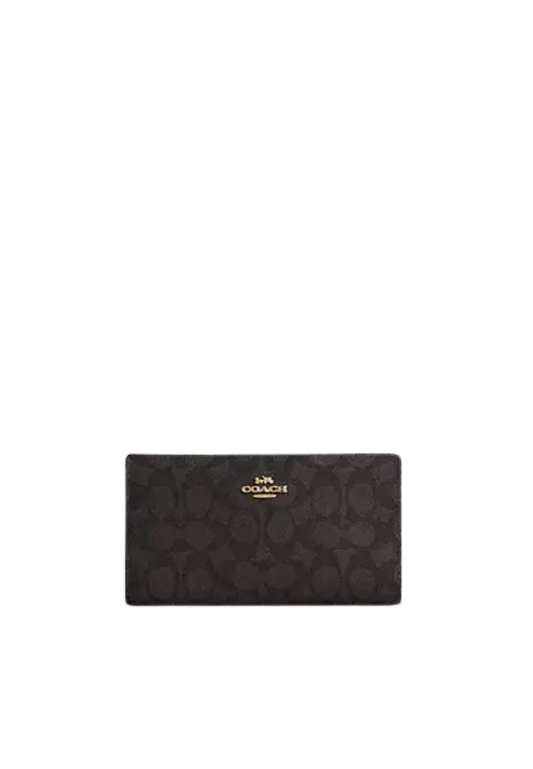 Coach Slim Zip Wallet Signature Canvas In Walnut Black CW661