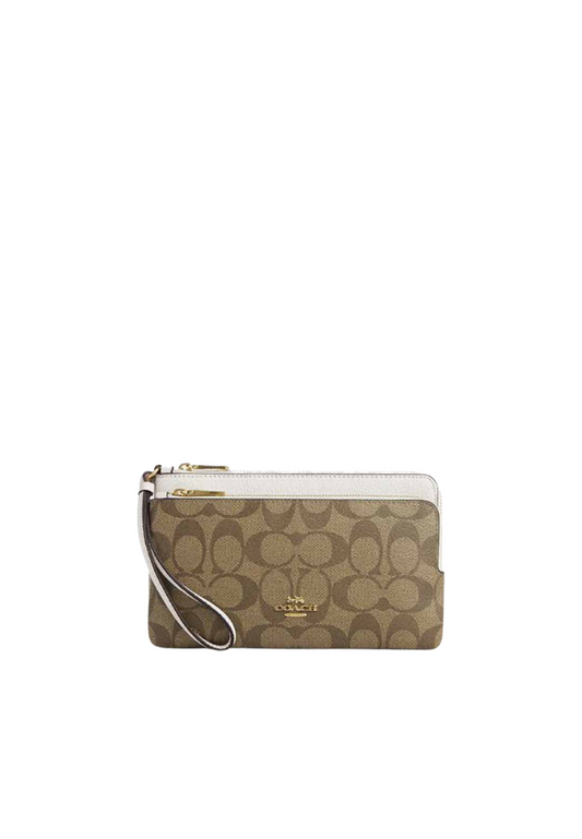 Coach Double Zip Wristlet Signature In Khaki Chalk CU920