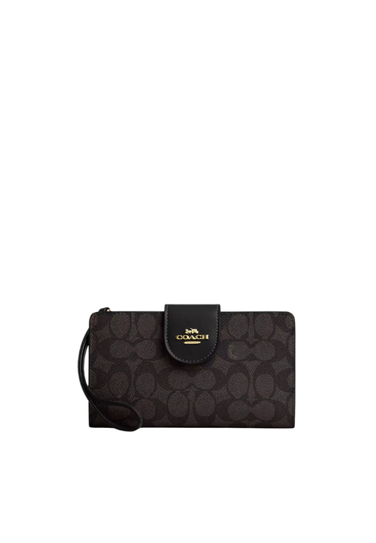 Coach Phone Wallet Signature Canvas In Walnut Black CW780