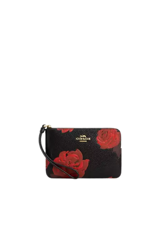 Coach Corner Zip Wristlet With Floral Print In Black Red CCJ70