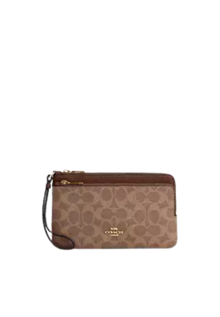 Coach Double Zip Signature Canvas Wallet In Tan Brown CX161