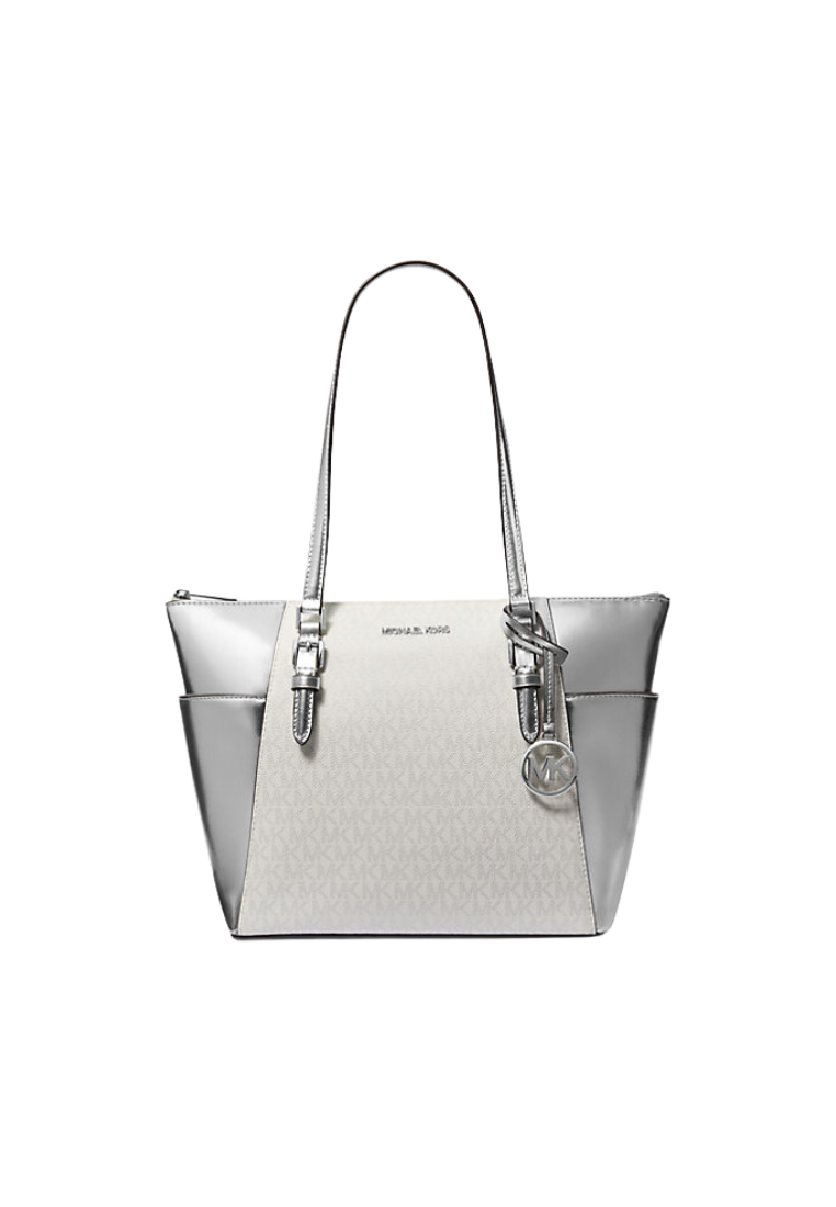 Michael Kors Charlotte Tote Bag Large Signature Logo and Metallic In Silver 35F4SCFT3V