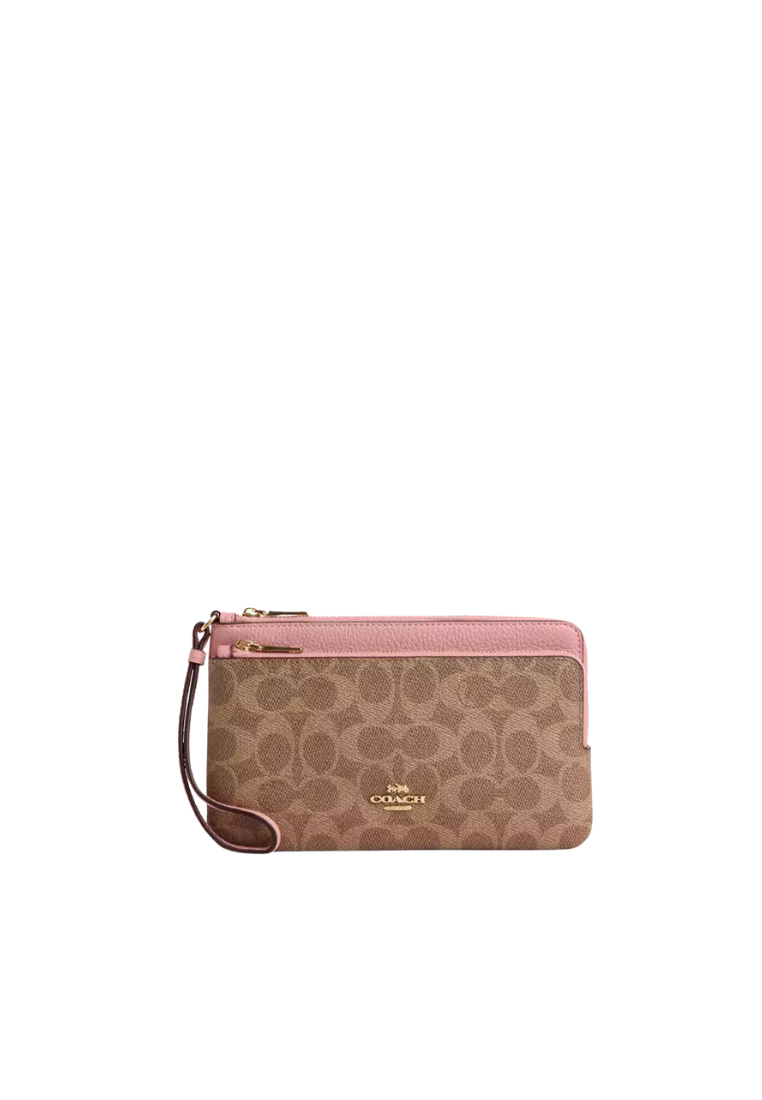 Coach Double Zip Wristlet Signature Canvas In Tan Pink Petal CX161