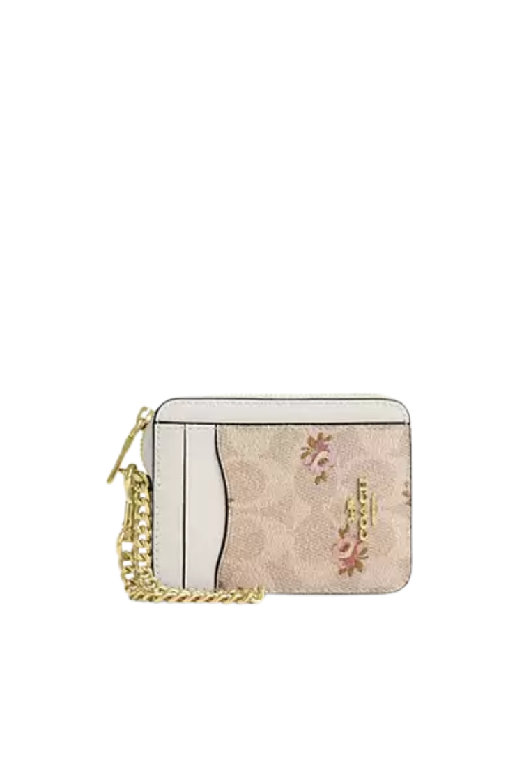 Coach Zip Signature Canvas With Floral Print Card Case In Sand Multi CAR25