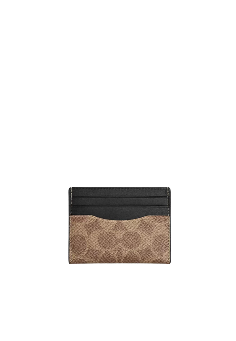 ( AS IS ) Coach Slim ID Card Case Signature Canvas In Tan Black CW366