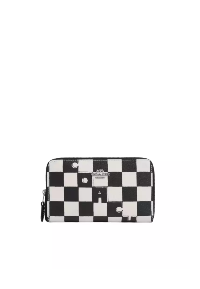 Coach Medium Id Zip Wallet With Checkerboard Print In Black Chalk CR789