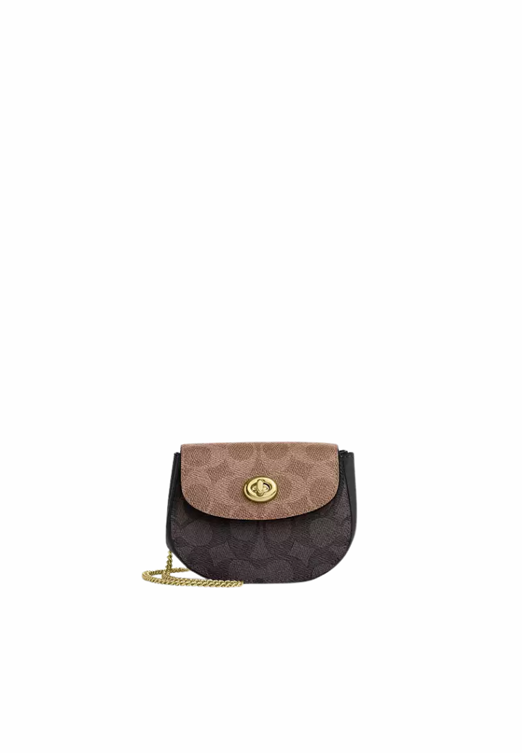 Coach Turnlock Card Case Blocked Signature Canvas In Walnut Tan CZ474