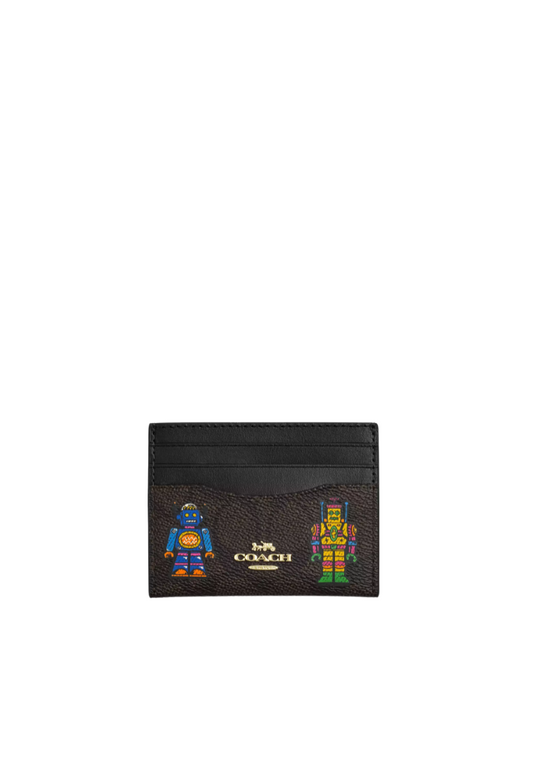 Coach Slim ID Card Case Signature Canvas With Robot Print In Walnut Multi CW929