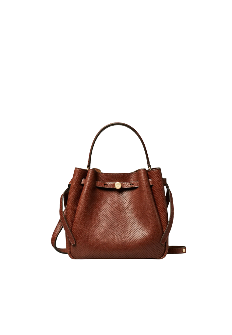 ( PREORDER ) Tory Burch Romy Snake-Embossed Bucket Bag In Sweet Maple 182906
