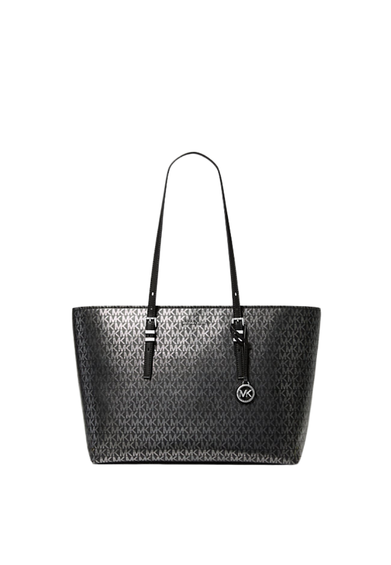 ( PREORDER ) Michael Kors Quinn Large Metallic Signature Logo Tote Bag In Black 30F5SQNT9R
