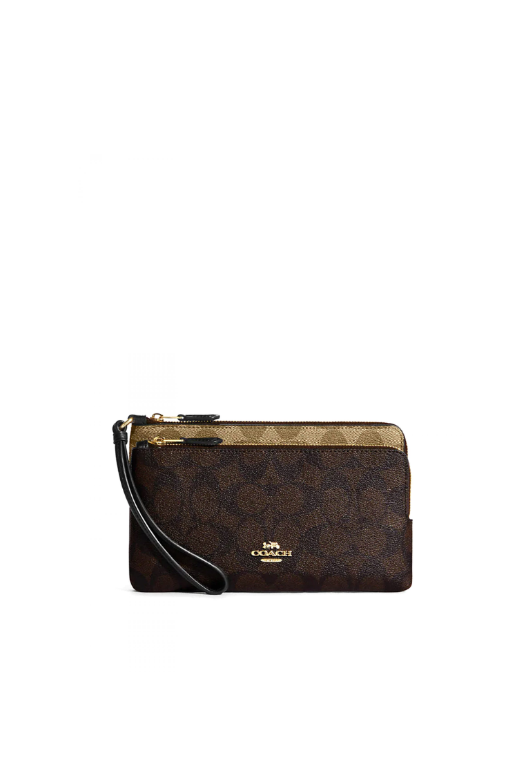Coach Double Zip Wallet Blocked Signature In Khaki Brown Multi C7313