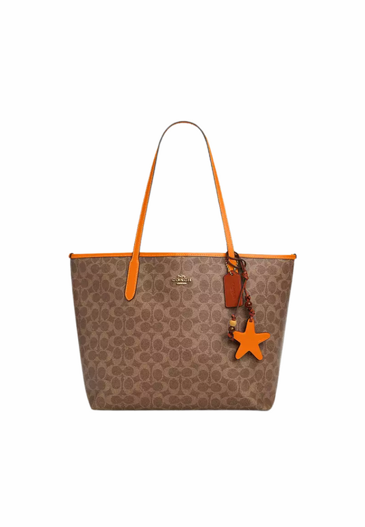Coach City In Signature Canvas With Star Charm Tote Bag In Tan Bright Mandarin CBH77