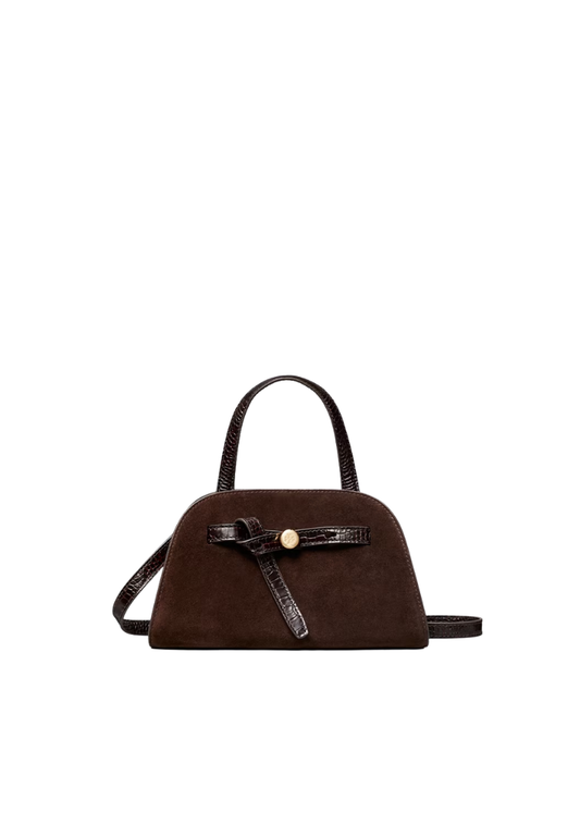 ( PREORDER ) Tory Burch Romy Suede Bauletto Satchel Bag In Dark Cocoa 183363