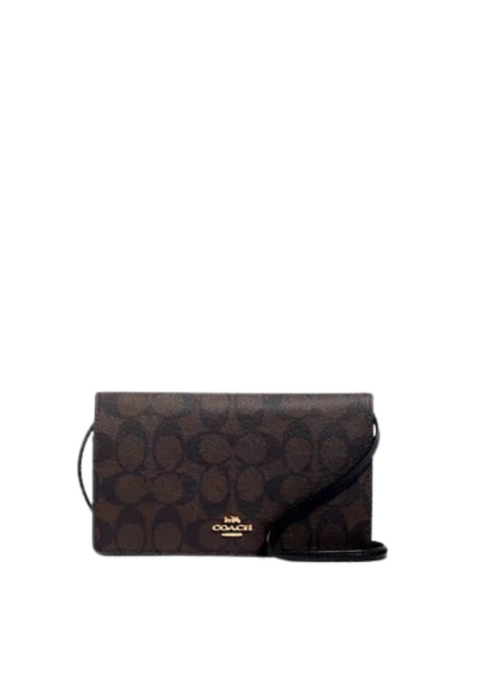 ( PREORDER ) Coach Anna Foldover 
 Clutch Bag Signature Canvas In Gold Brown Black


 3036