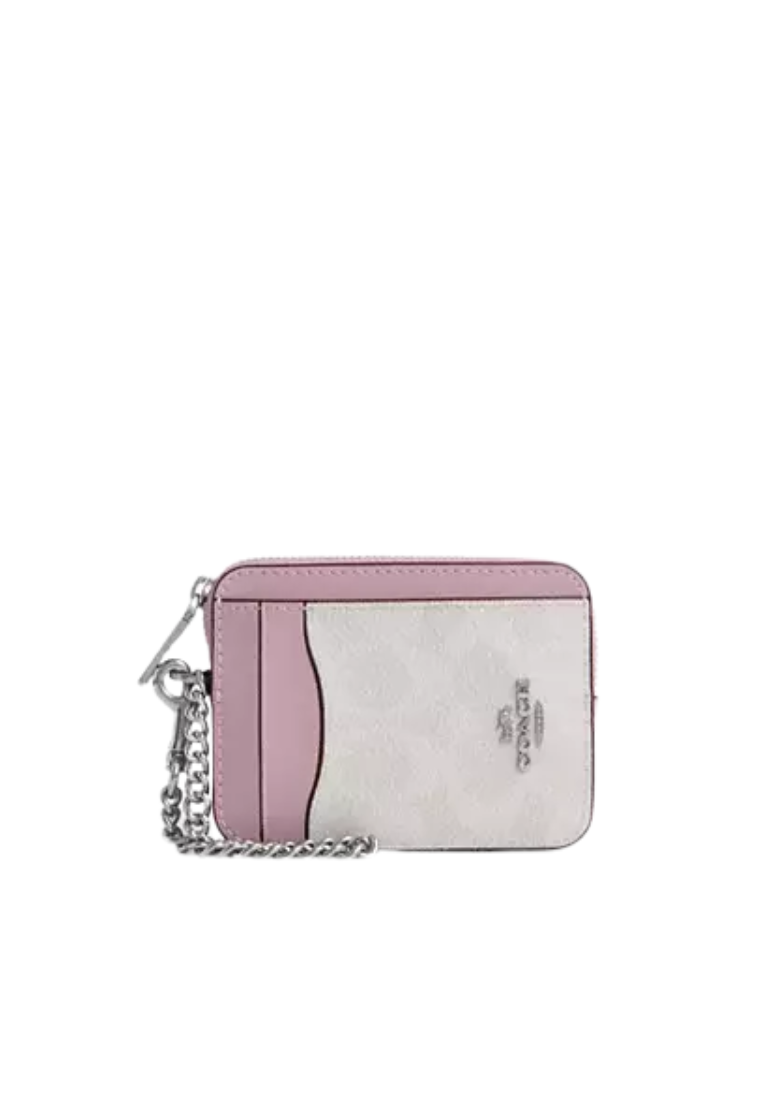 Coach Zip Signature Canvas Card Case In Chalk Carnation CW883