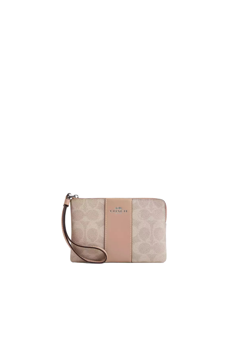 Coach Corner Zip Wristlet Signature Canvas In Sand Taupe CW854