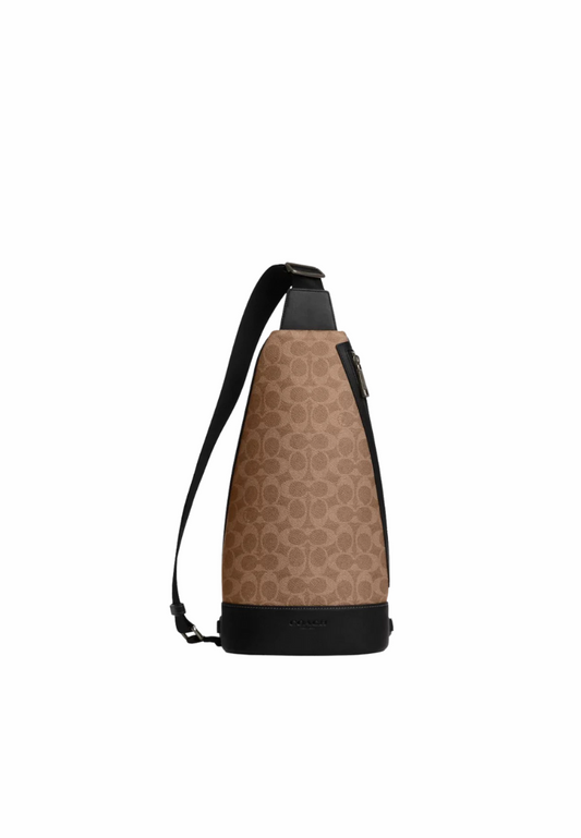 Coach Dominic In Signature Canvas Sling Bag In Tan Black CY801