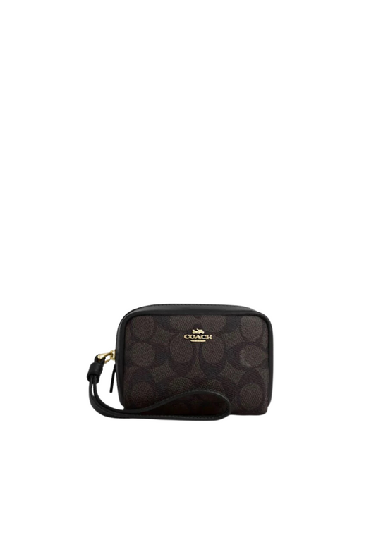 Coach Pouch Wristlet Signature Canvas In Walnut Black CW907