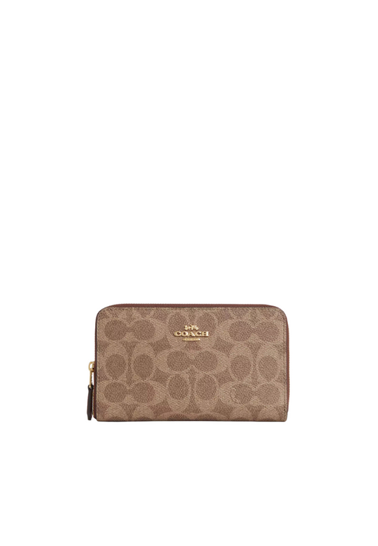 Coach Medium ID Zip Wallet Signature Canvas In Tan Brown CW781