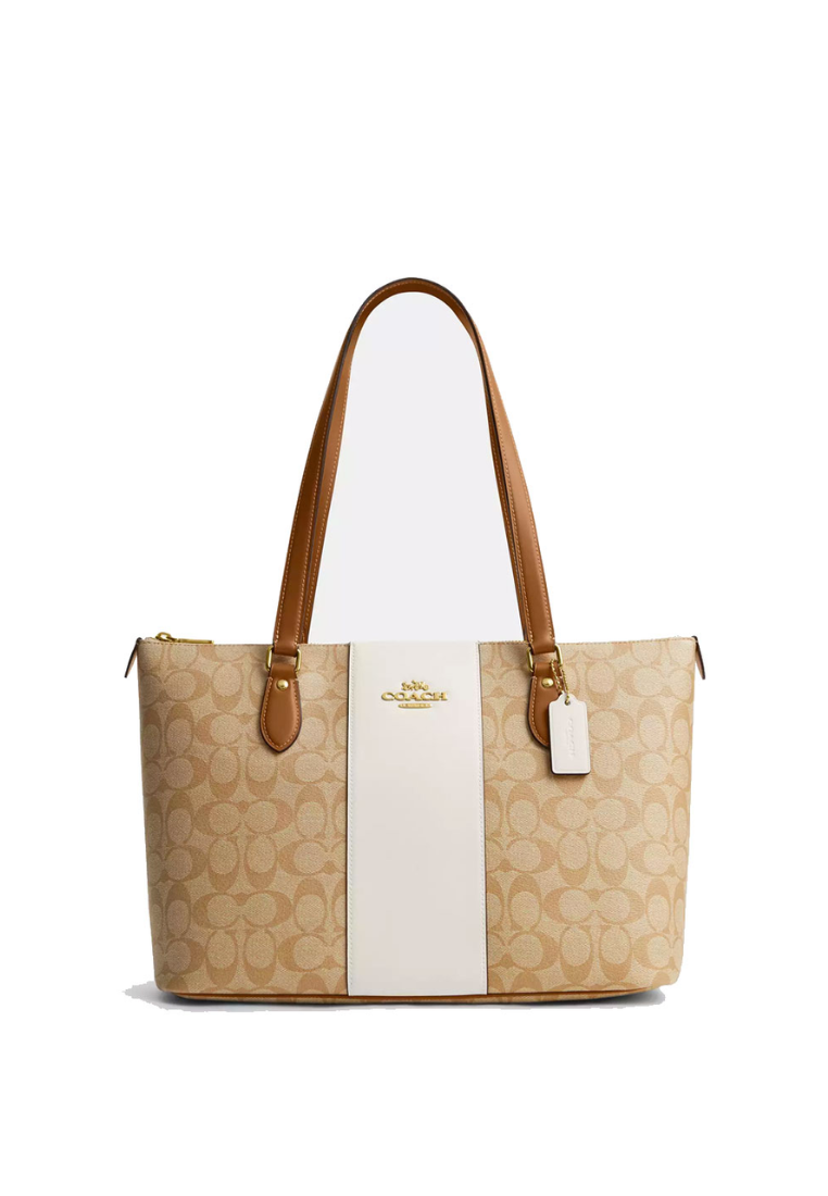 Coach Gallery Tote Bag Signature Canvas With Stripe In Light Khaki Chalk Saddle CR121