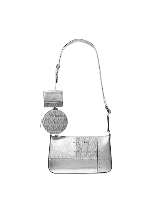 Michael Kors Jet Set Travel Crossbody Bag Small Metallic Patchwork And Signature Logo In Silver 35R5Stvc1M