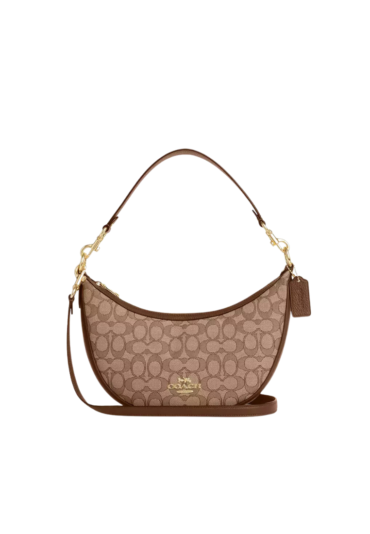 Coach Aria Shoulder Bag Signature Jacquard In Khaki Saddle Multi CO997