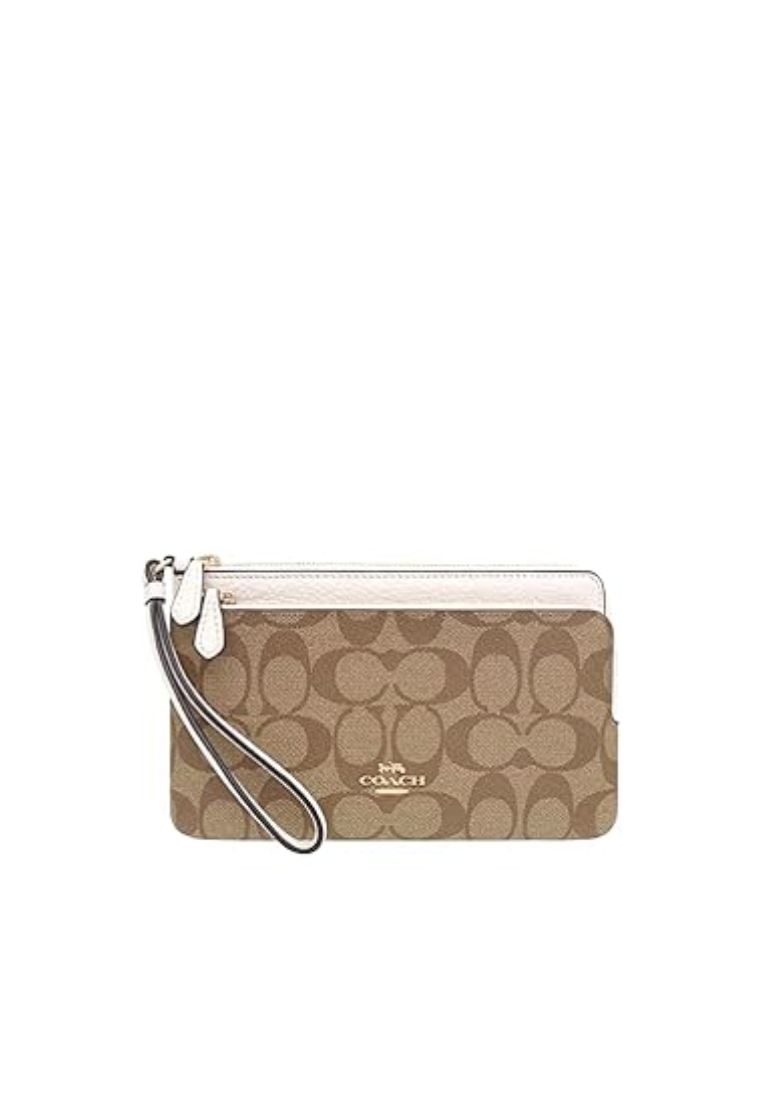 Coach Signature Canvas C5576 Double Zip Wallet In Khaki Chalk