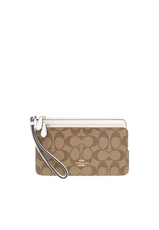 Coach Signature Canvas C5576 Double Zip Wallet In Khaki Chalk