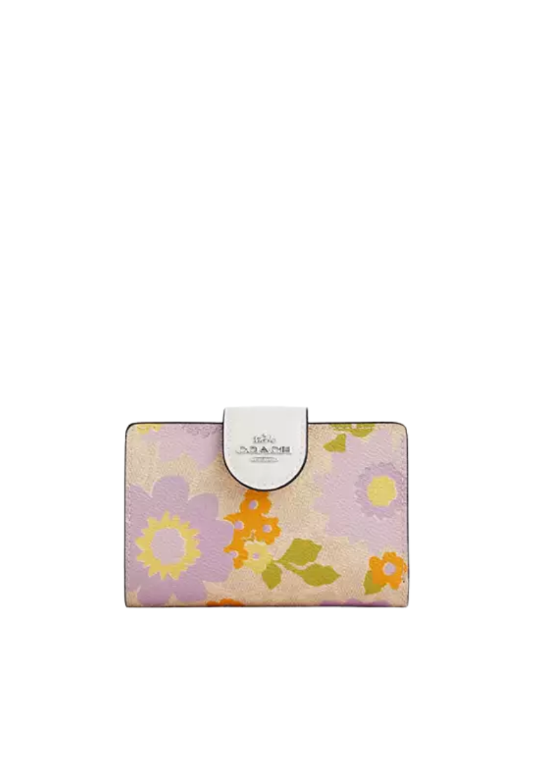 Coach Medium Corner Zip Signature Canvas With Floral Print Wallet In Sand Multi CBO30