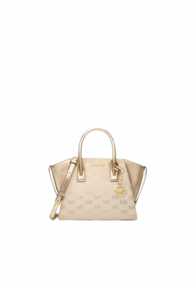 Michael Kors Avril Small Logo Jacquard and Metallic Satchel Bag In Pale Gold 35S5G4VS1U