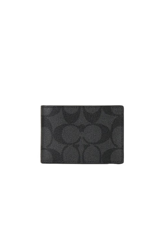 Coach Compact Billfold Wallet Signature Canvas In Charcoal Black CM166