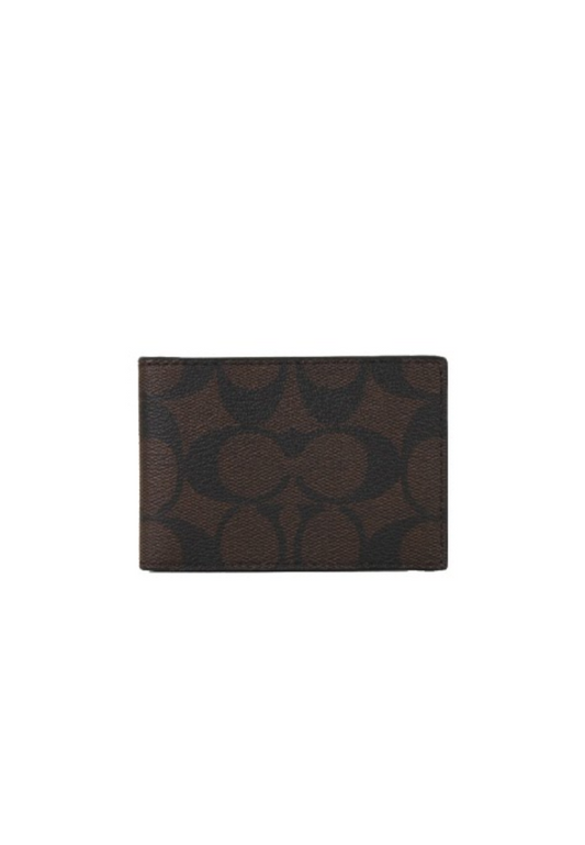 Coach Compact Billfold Wallet In Signature Canvas In Mahogany Black CM166