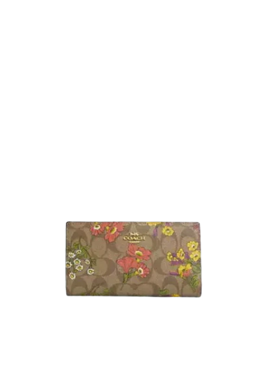 Coach Slim Zip Wallet With Floral Print In Khaki Multi CR929