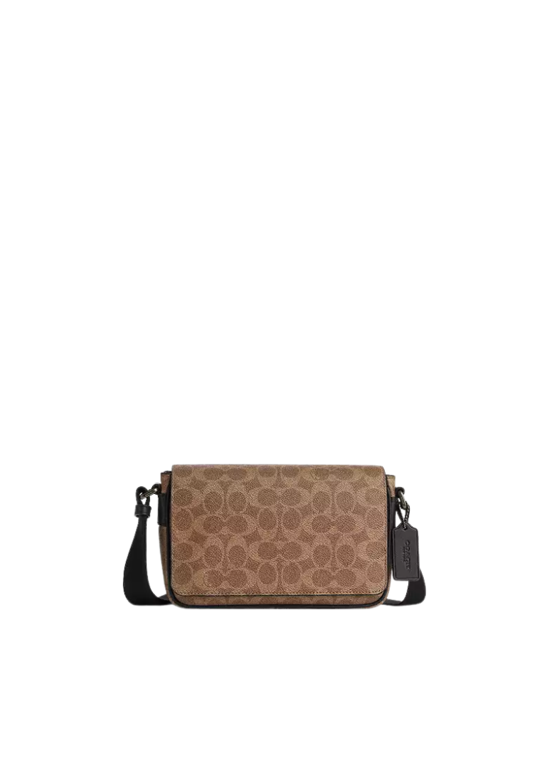 Coach Jack Small Flap Crossbody Bag In Signature Canvas In Tan Black CDZ95