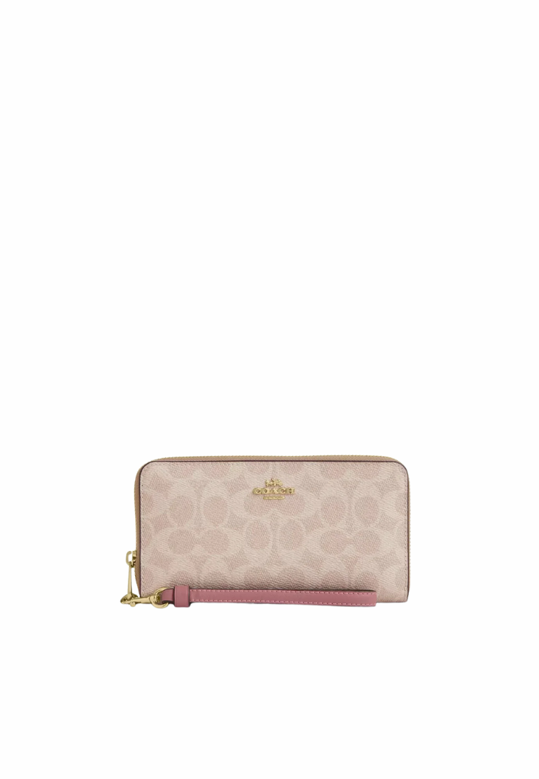 Coach Long Zip Around Wallet In Signature Canvas In Sand Peony CW778