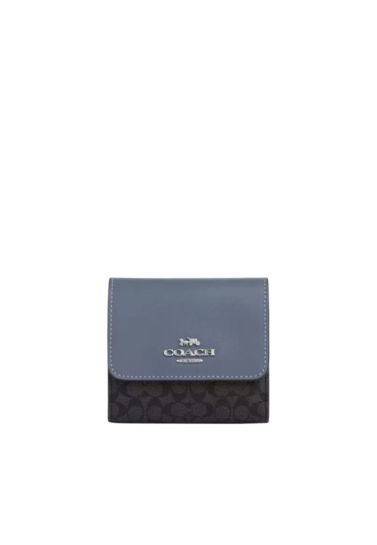 Coach Trifold Wallet Colorblock Micro Signature Canvas In Graphite Light Mist CF369