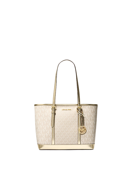 Michael Kors Jet Set Travel Tote Bag Small Metallic Logo Top-Zip In Rose Gold 35F4Gtvt1M