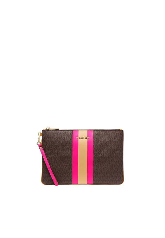 ( PREORDER ) Michael Kors Large Logo Stripe Pouch Bag In Wild Berry Multi 32T9GF9M3B