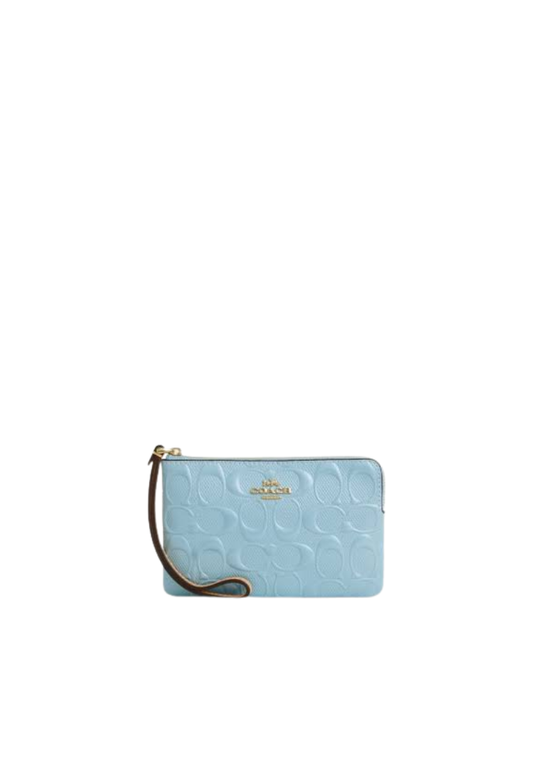 Coach Corner Zip Wristlet Signature Patent Leather In Light Blue CEX36