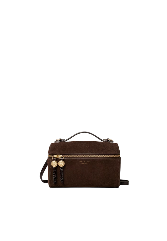 ( PREORDER ) Tory Burch Romy Suede Slim Top Handle In Dark Cocoa 186930