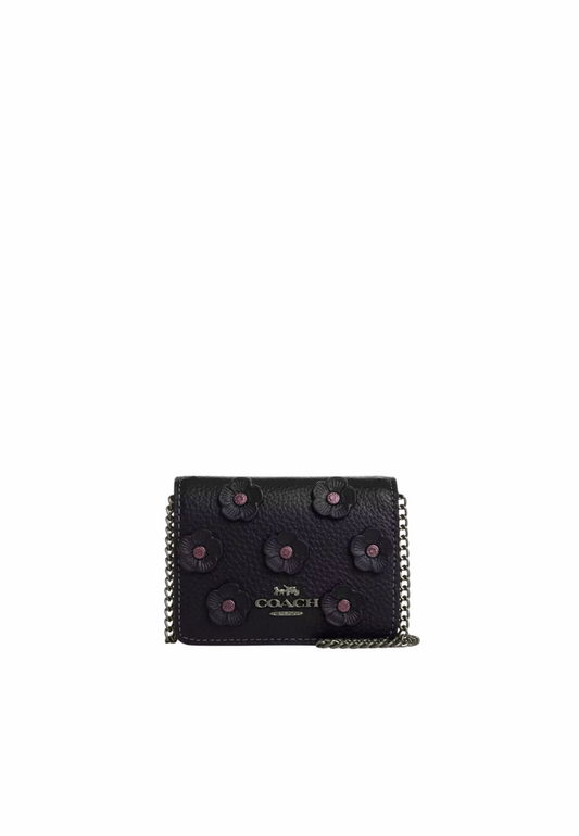 Coach Mini Wallet On a Chain With Floral Applique In Black CAL71