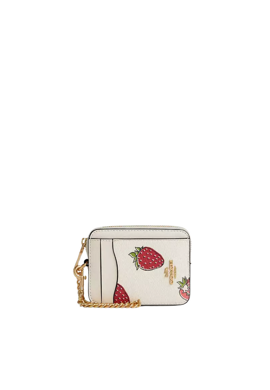 Coach Zip Card Case With Strawberry Print In Chalk Multi CAR32