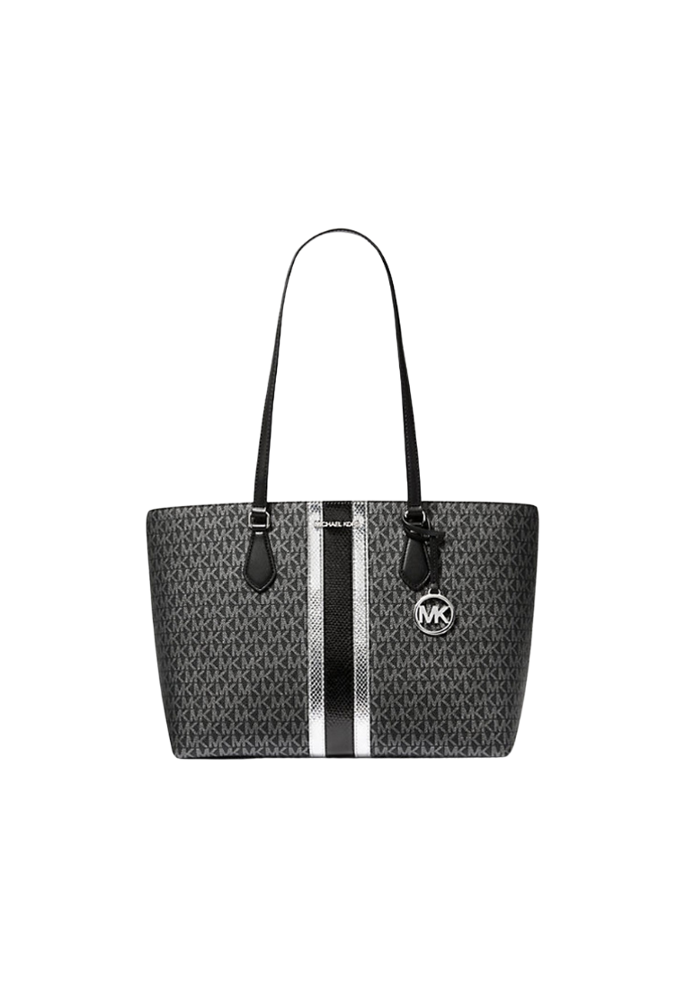 Michael Kors Sheila Large Signature Logo and Metallic Tote Bag In Black Noir 35F4S6HT9V