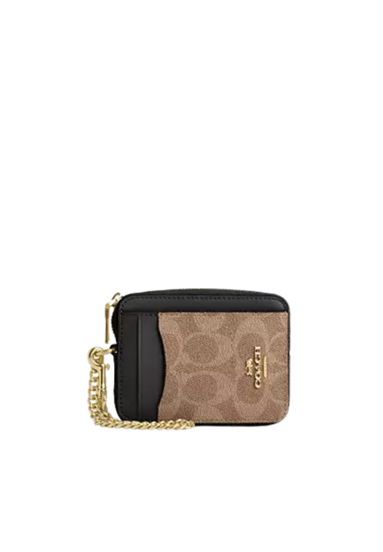 Coach Zip Signature Canvas Card Case In Tan Black CW883