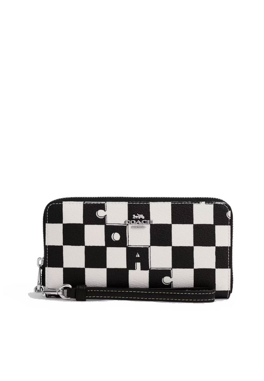 Coach Long Zip Around Wallet With Checkerboard Print In Black Chalk CR622